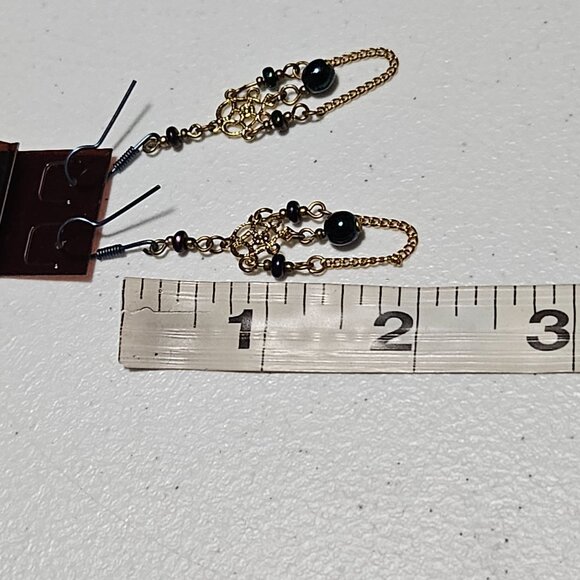 Fashion Earrings Elegant Filigree Dangle Navy Blue Beads Gold Tone Chain Dangle - Picture 5 of 5